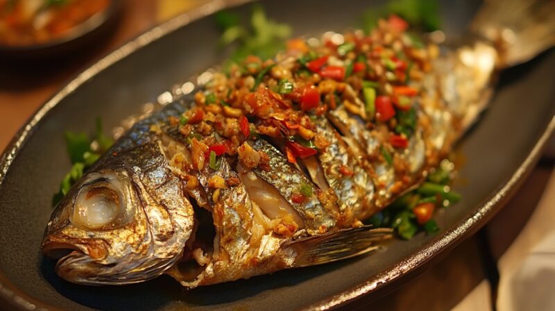 Dry Fish dish from iceland, on a plate with vegetable sides